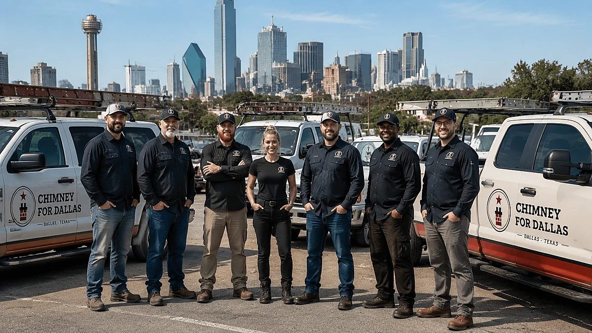 The Chimney For Dallas team standing with branded service trucks in front of the downtown Dallas skyline